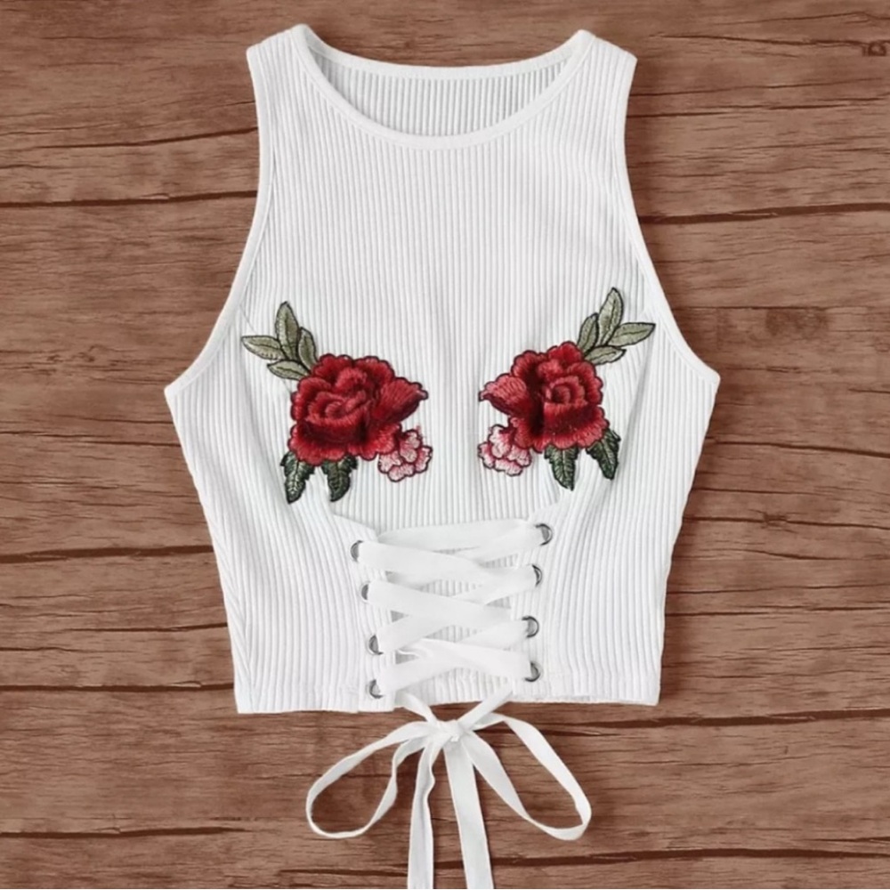 Floral Embroidered White Lace-Up Crop Top